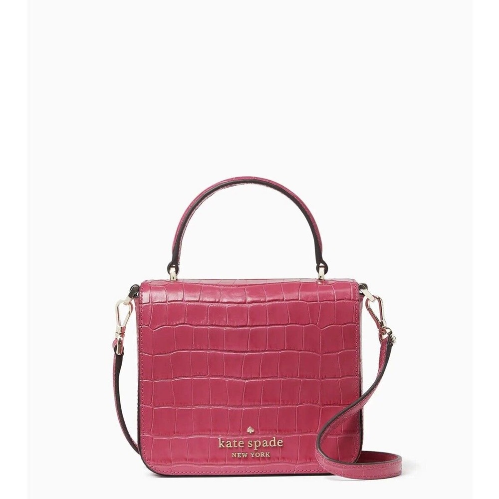 Kate Spade Staci Square Croc Embossed Leather Satchel Crossbody Festive Pink NWT